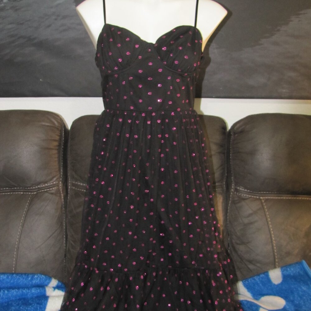 Black Midi Dress with Pink Polka Dots – Spaghetti Strap Fit & Flare Party Dress